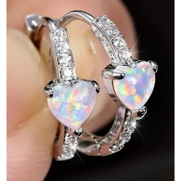 Opal Tone‎ Heart Hoop Earrings With Cubic Zirconia Accents - Picture 1 of 3